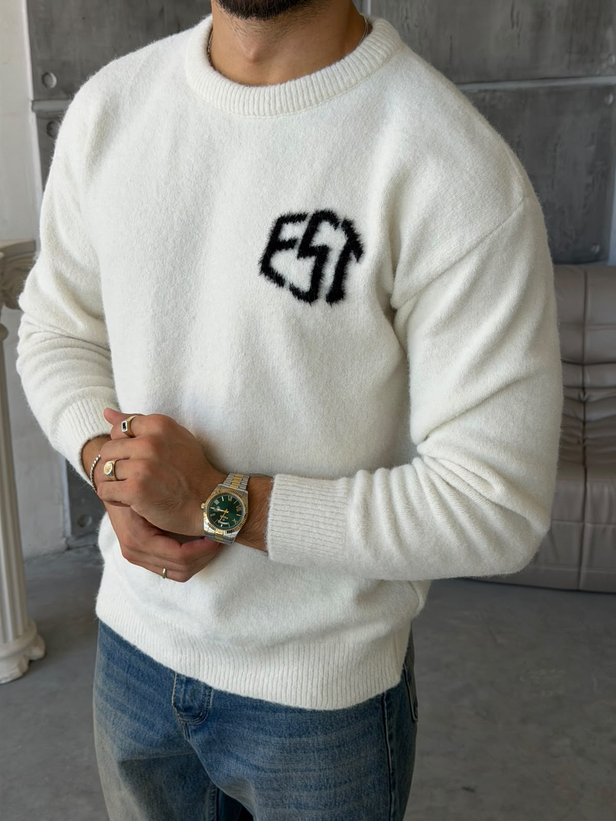 Soft Touch “EST” Oversized Knit Sweater - WHITE