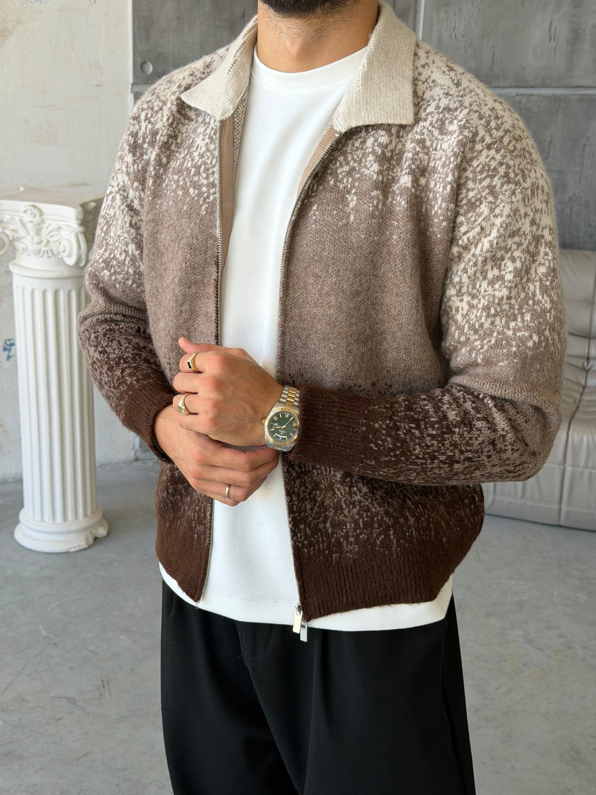 Gradient Double-Zip Knit – Brown
