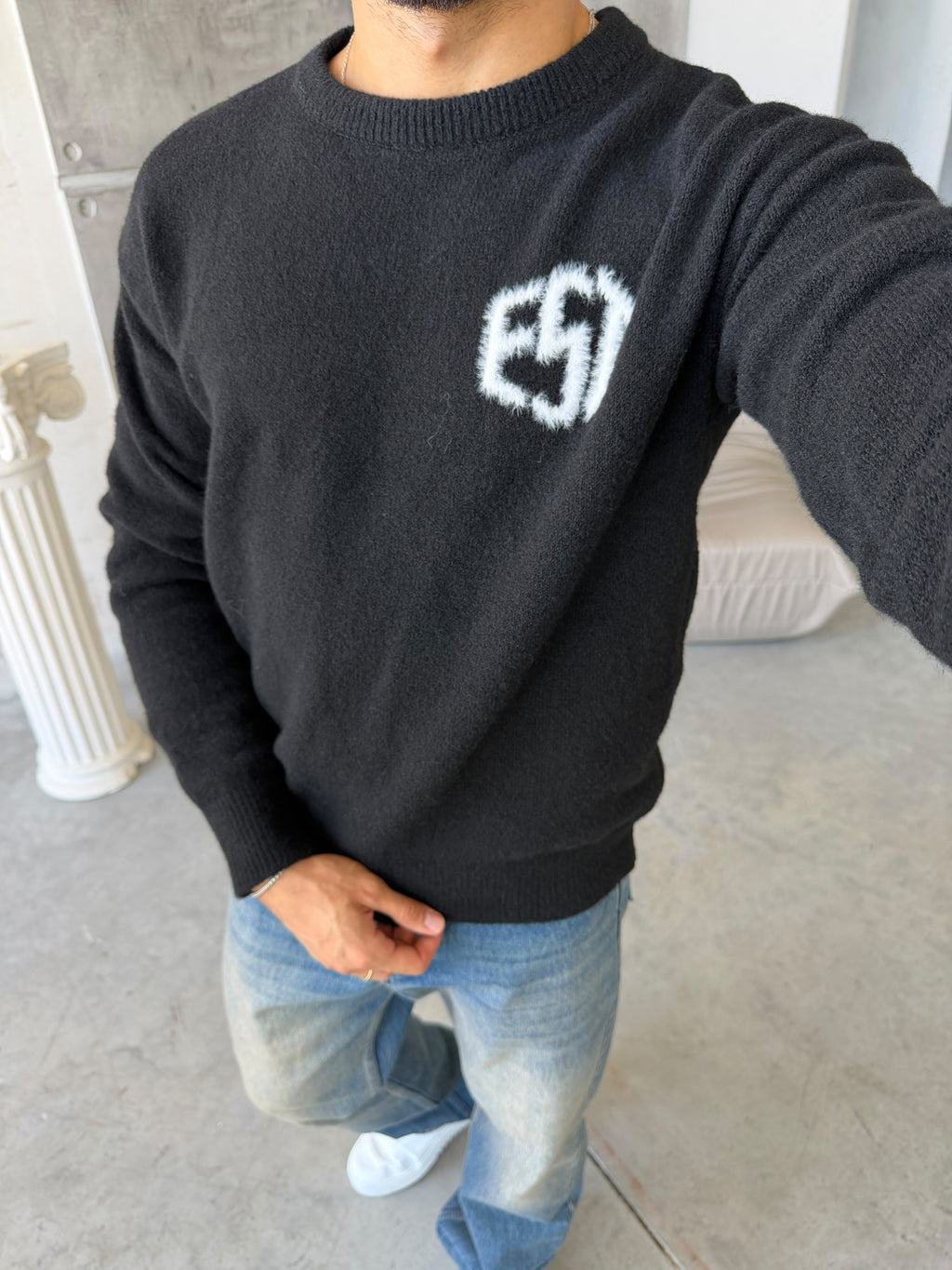 Soft Touch “EST” Oversized Knit Sweater - BLACK