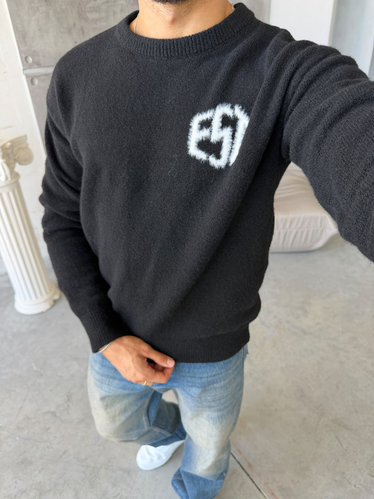 Soft Touch “EST” Oversized Knit Sweater - BLACK