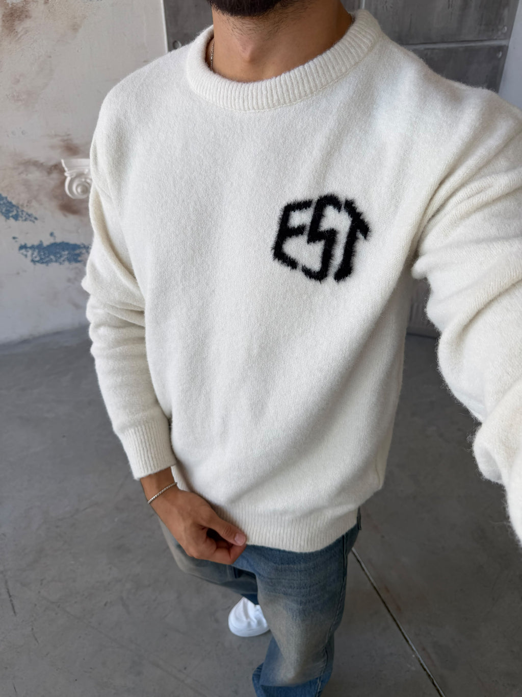 Soft Touch “EST” Oversized Knit Sweater - WHITE