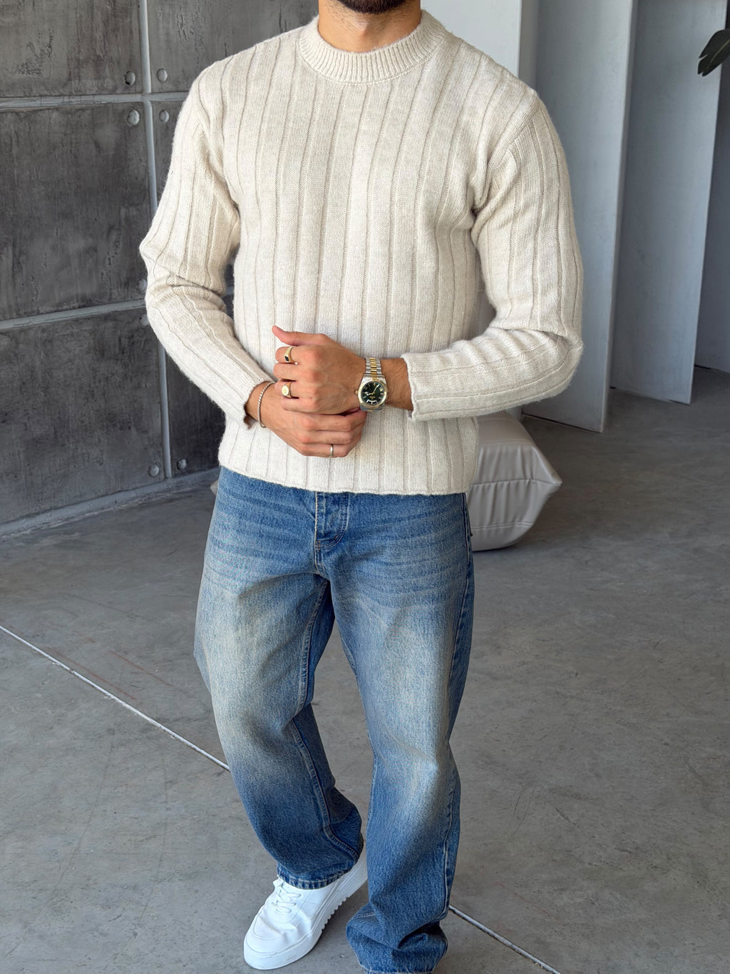 Ribbed Knit Sweater – Cream