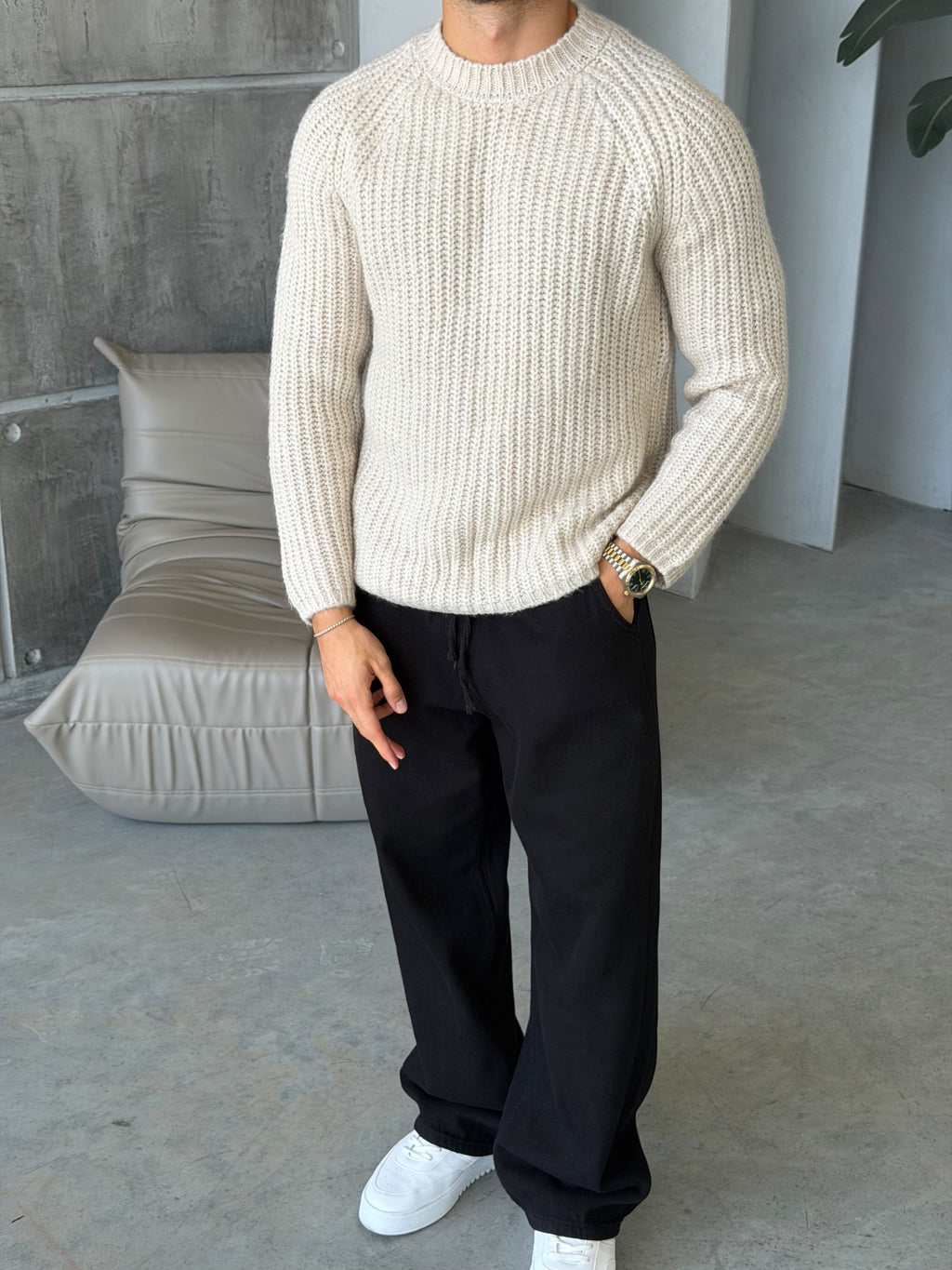 Raglan Sleeve Ribbed Knit Sweater – Cream