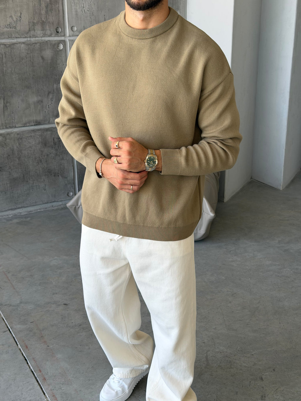 Premium Double Interlock Knit Sweater – Khaki