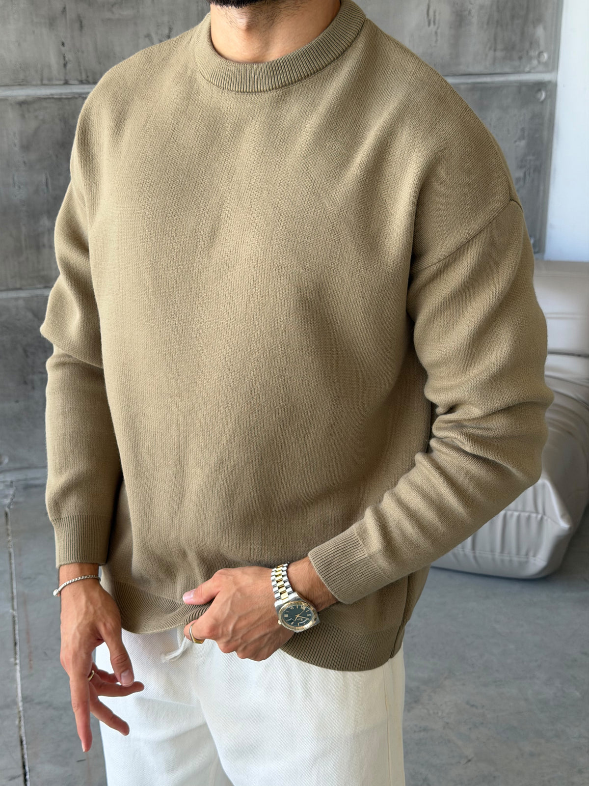 Premium Double Interlock Knit Sweater – Khaki