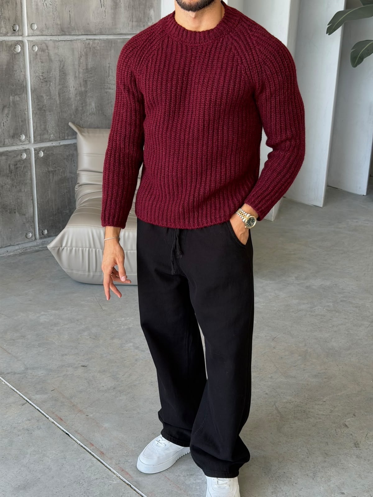 Raglan Sleeve Ribbed Knit Sweater – Bordo