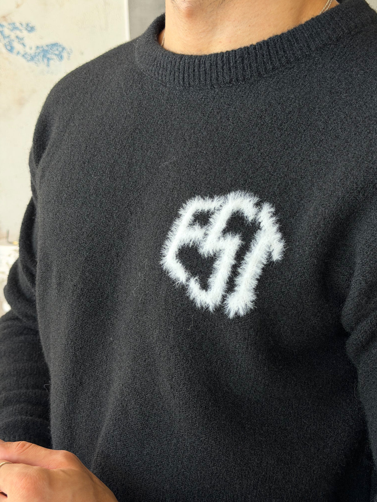 Soft Touch “EST” Oversized Knit Sweater - BLACK