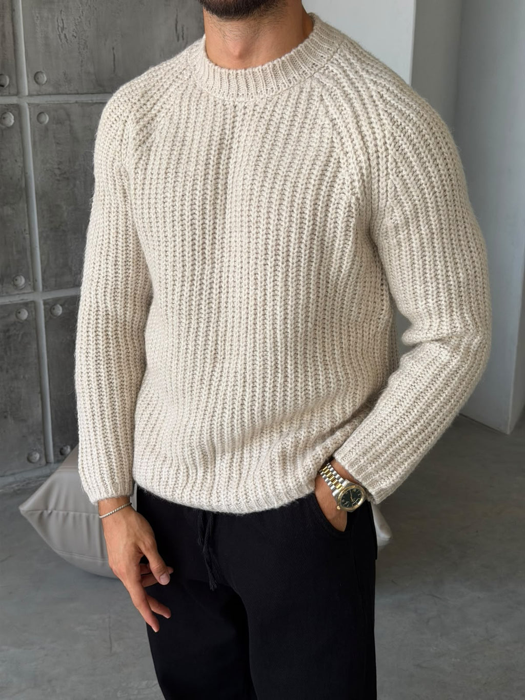 Raglan Sleeve Ribbed Knit Sweater – Cream