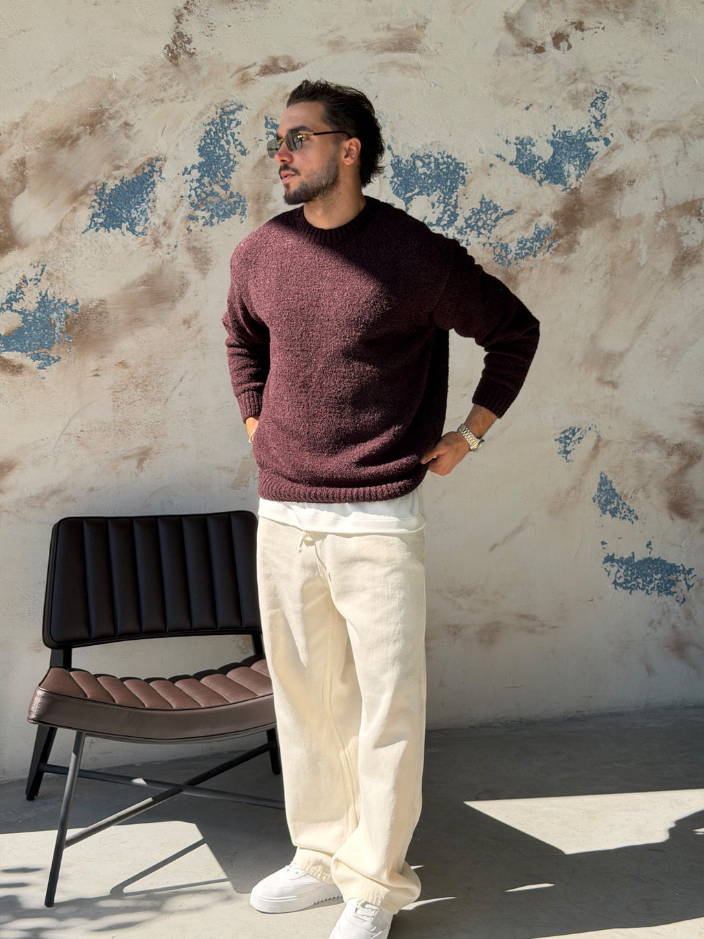 Soft Textured Bouclé Knit Sweater – Brown