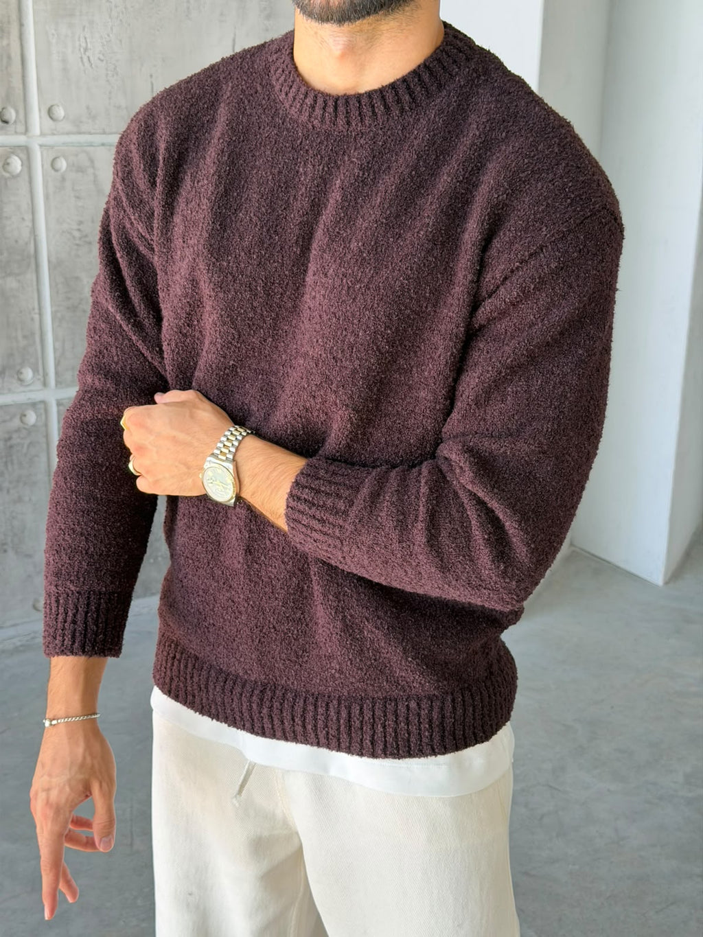 Soft Textured Bouclé Knit Sweater – Brown