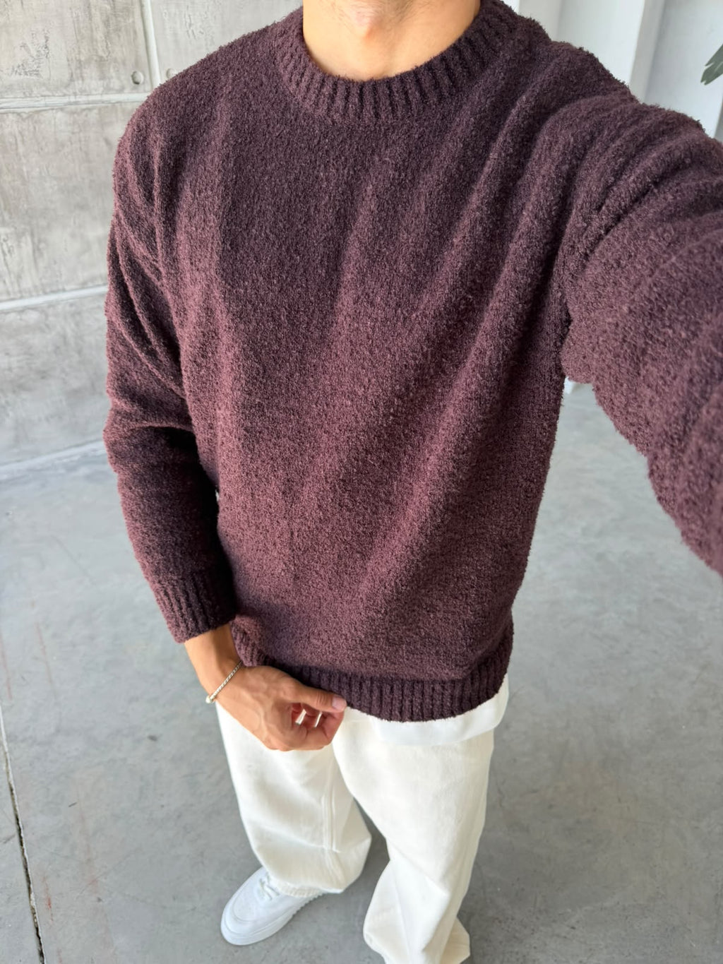 Soft Textured Bouclé Knit Sweater – Brown