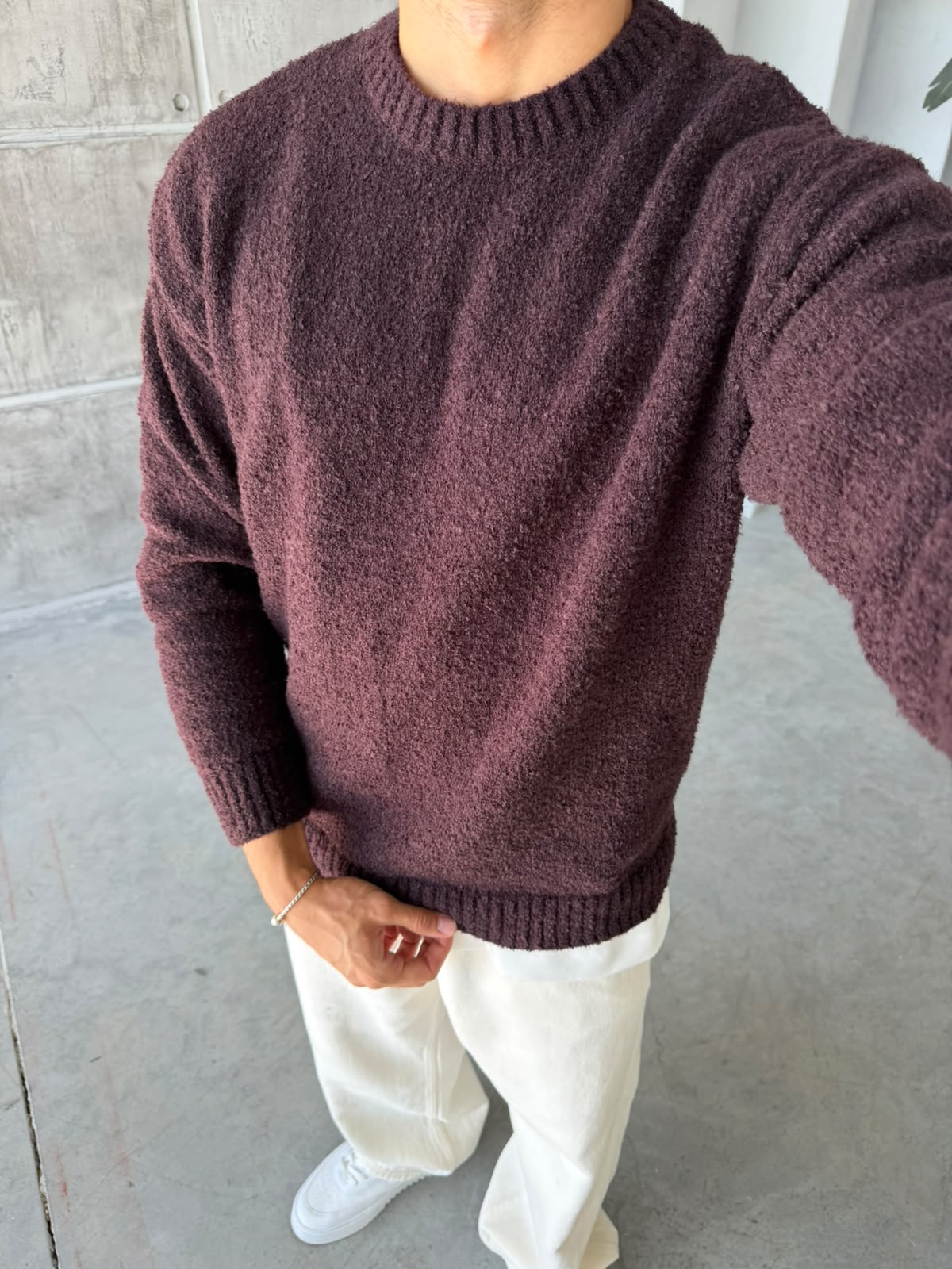 Soft Textured Bouclé Knit Sweater – Brown