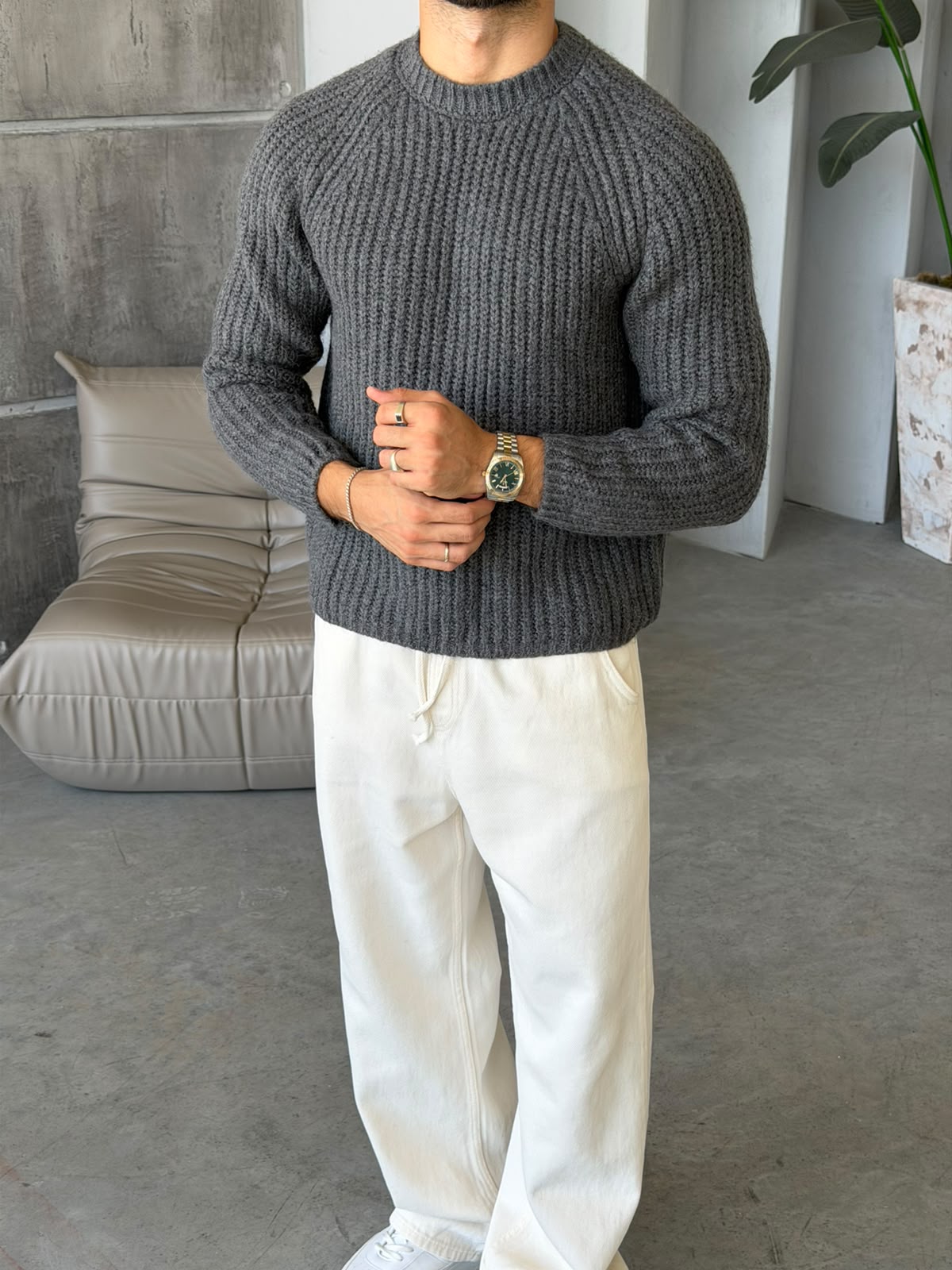 Raglan Sleeve Ribbed Knit Sweater – Grey