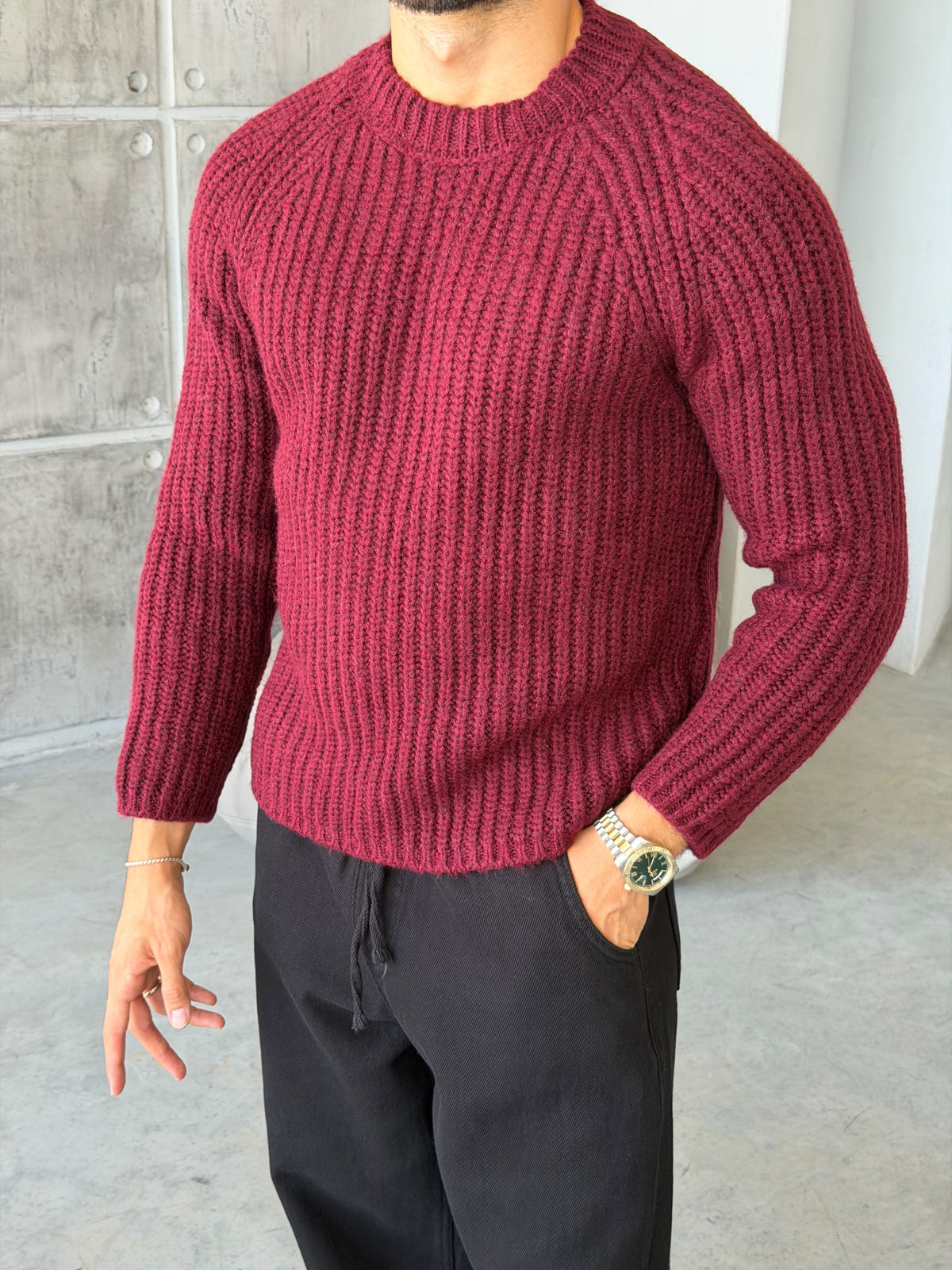 Raglan Sleeve Ribbed Knit Sweater – Bordo