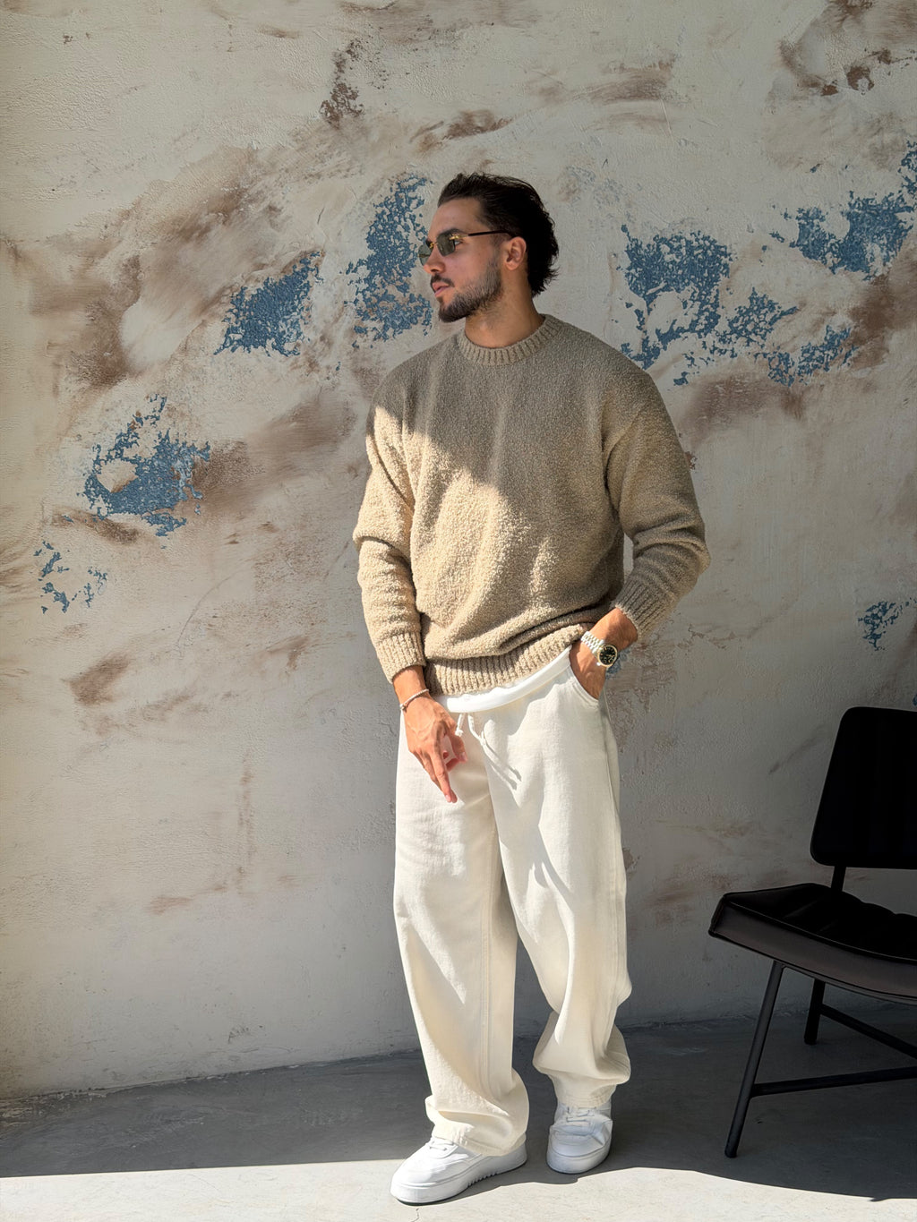 Soft Textured Bouclé Knit Sweater – Beige
