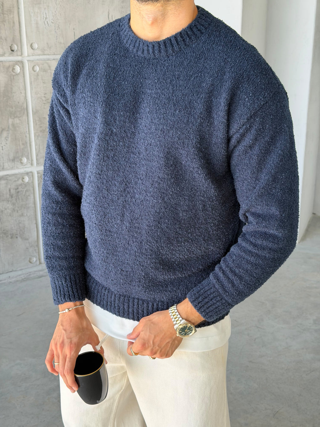 Soft Textured Bouclé Knit Sweater – Navy Blue