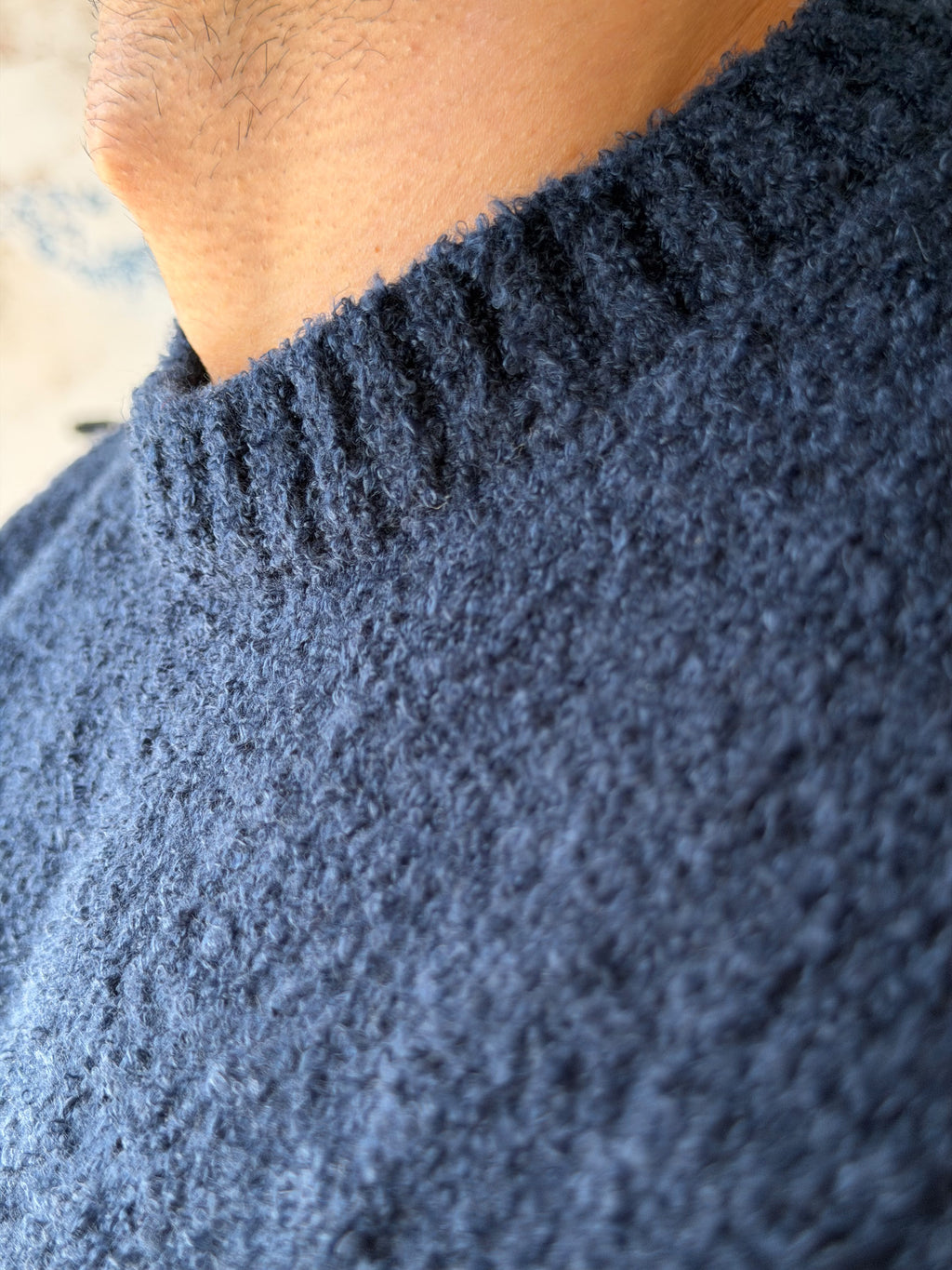 Soft Textured Bouclé Knit Sweater – Navy Blue