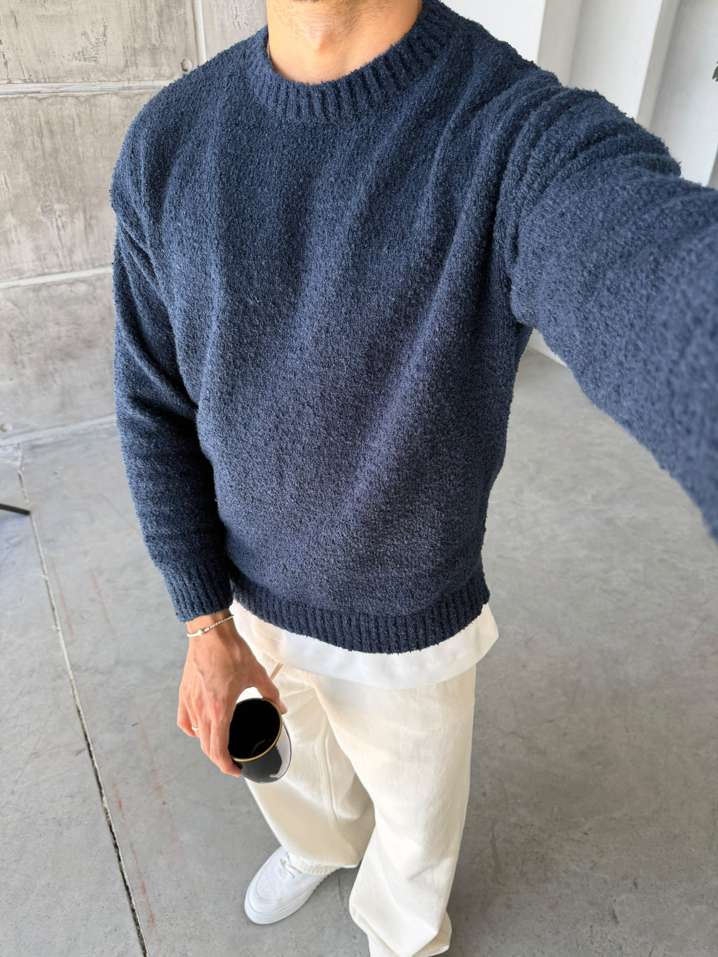 Soft Textured Bouclé Knit Sweater – Navy Blue