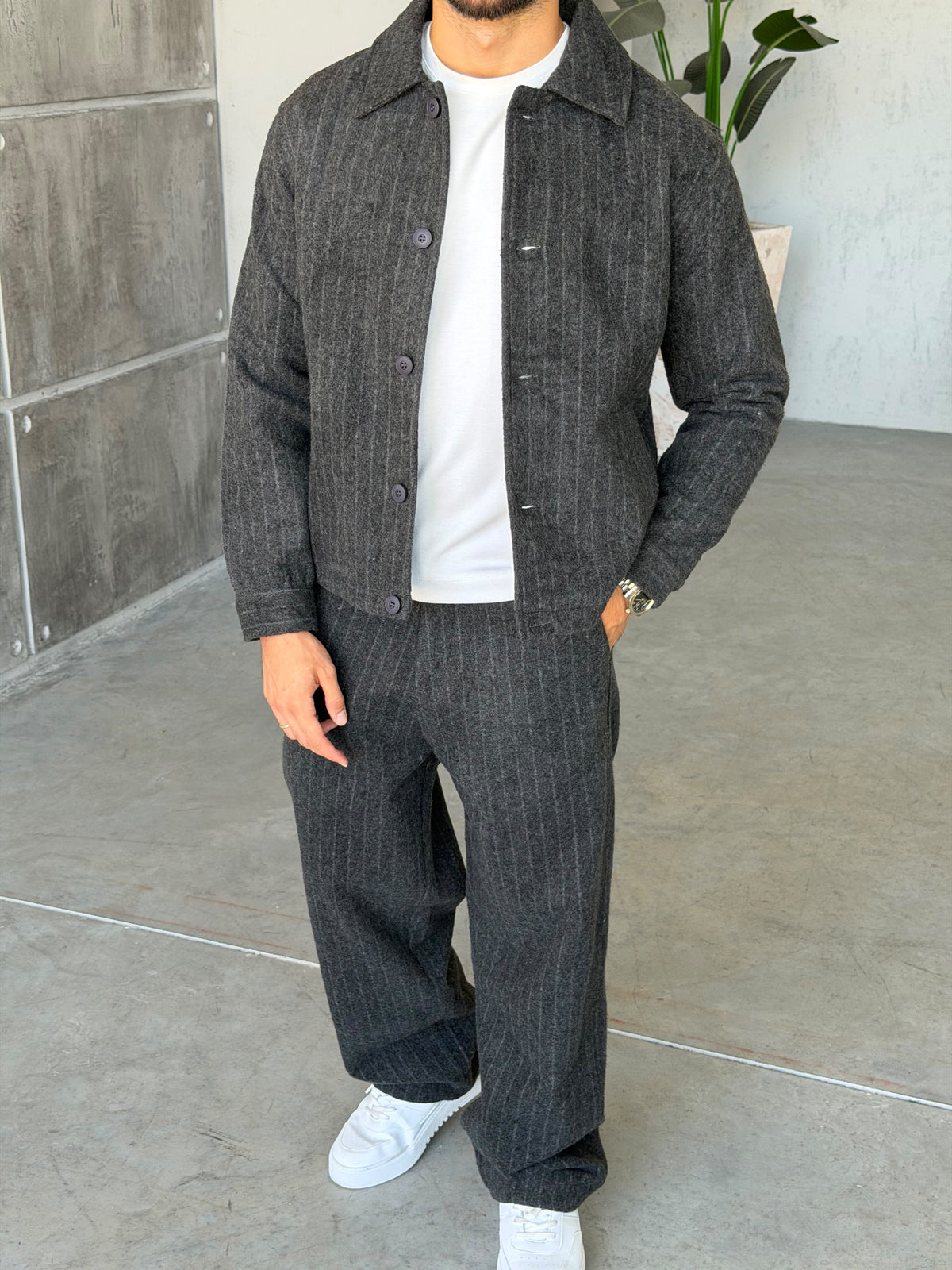 Winter Striped Wool Blend Suit – Grey