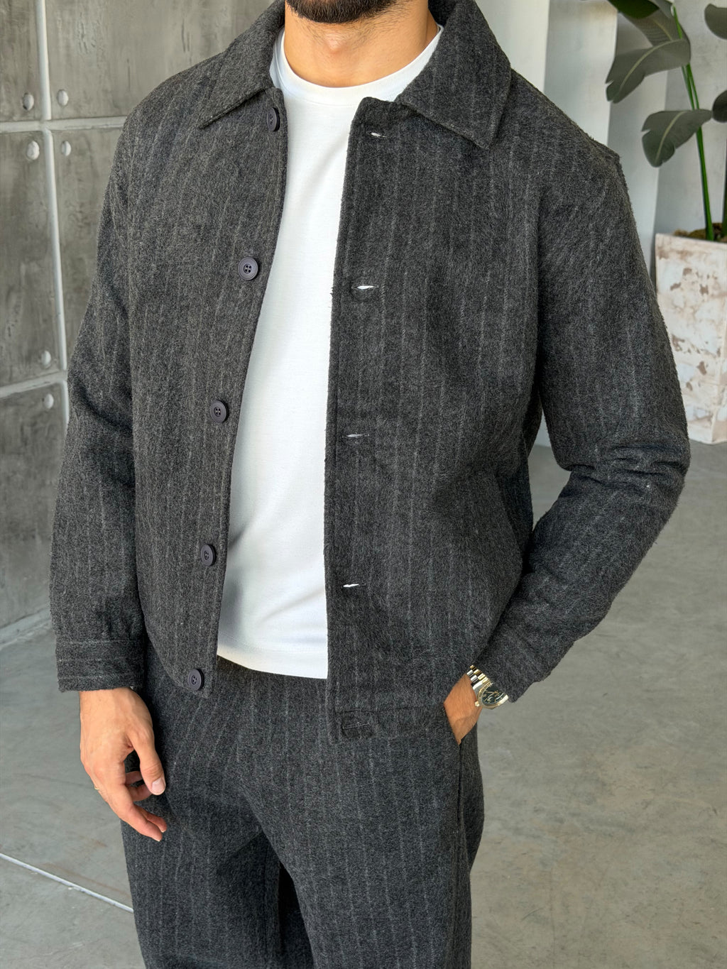 Winter Striped Wool Blend Suit – Grey