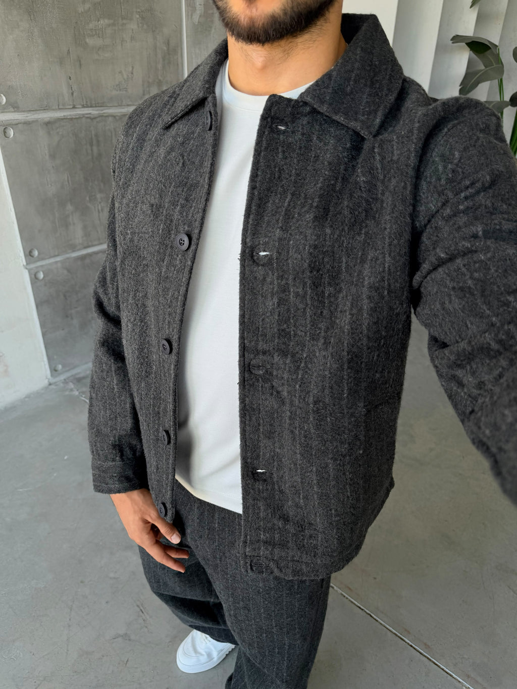 Winter Striped Wool Blend Suit – Grey
