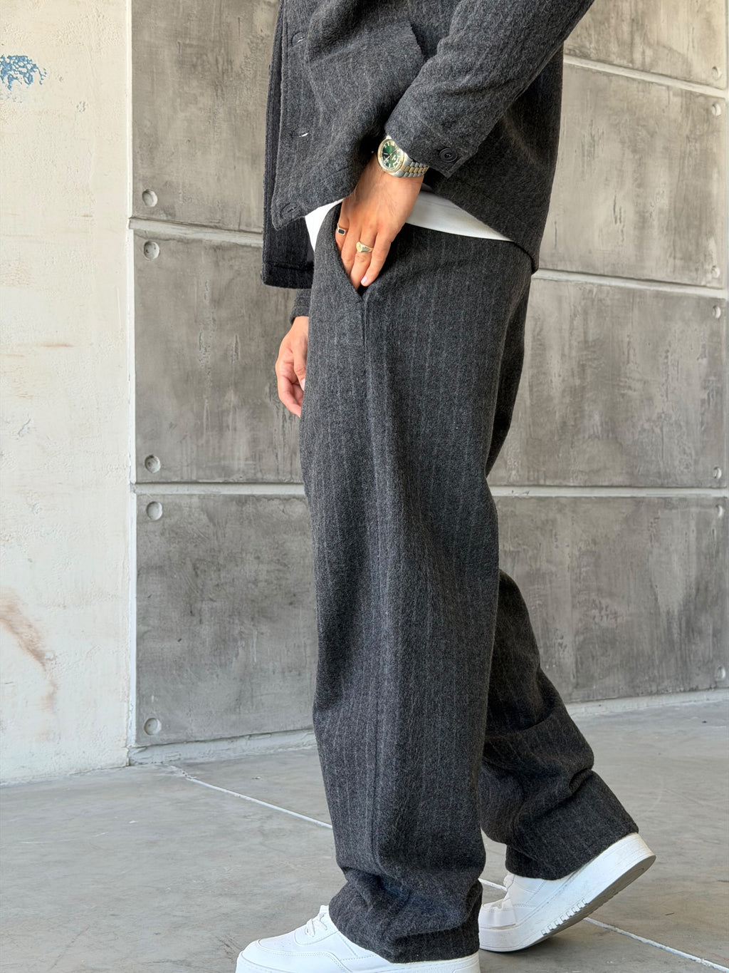 Winter Striped Wool Blend Suit – Grey