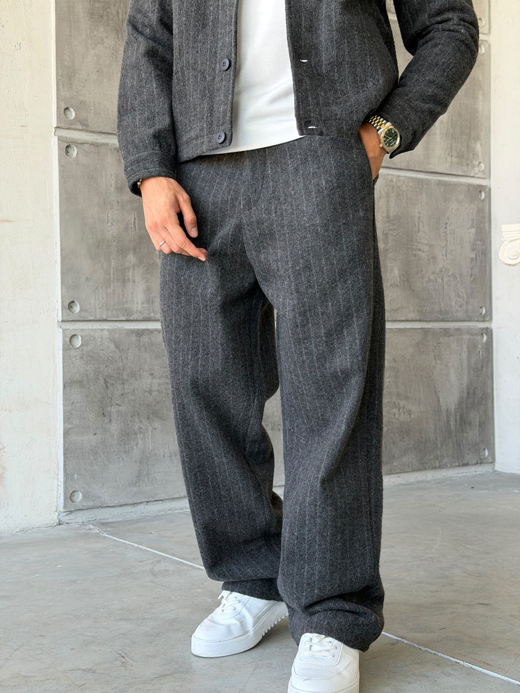 Winter Striped Wool Blend Suit – Grey