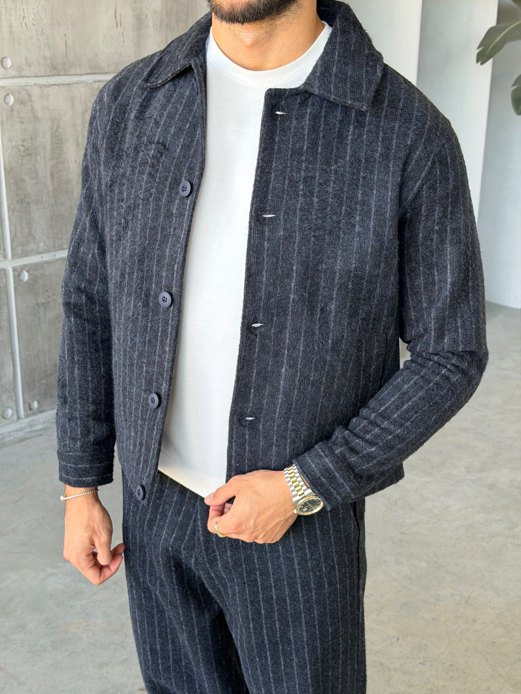 Winter Striped Wool Blend Suit – Navy
