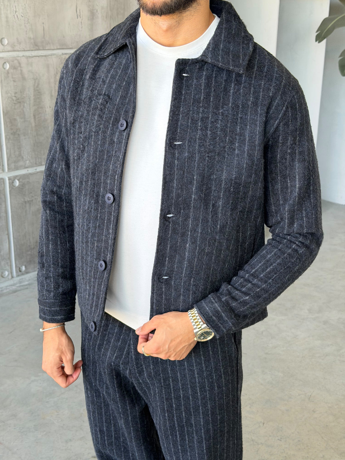 Winter Striped Wool Blend Suit – Navy