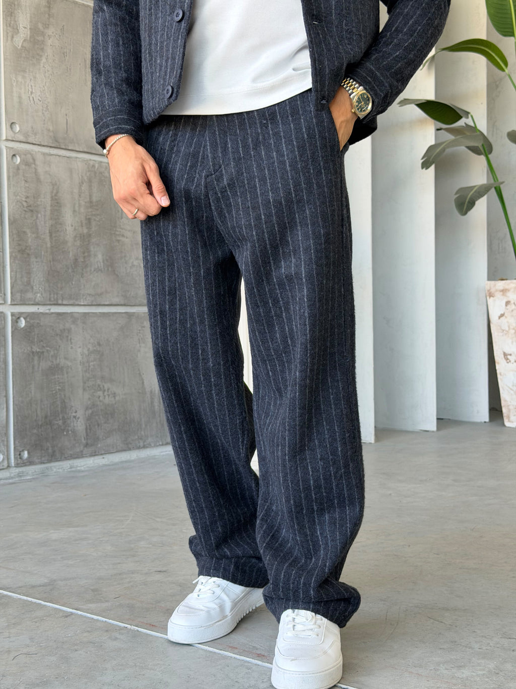 Winter Striped Wool Blend Suit – Navy