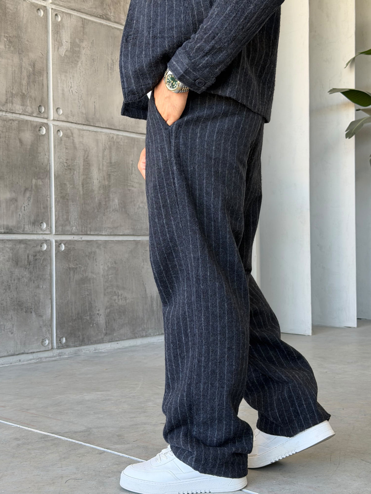 Winter Striped Wool Blend Suit – Navy