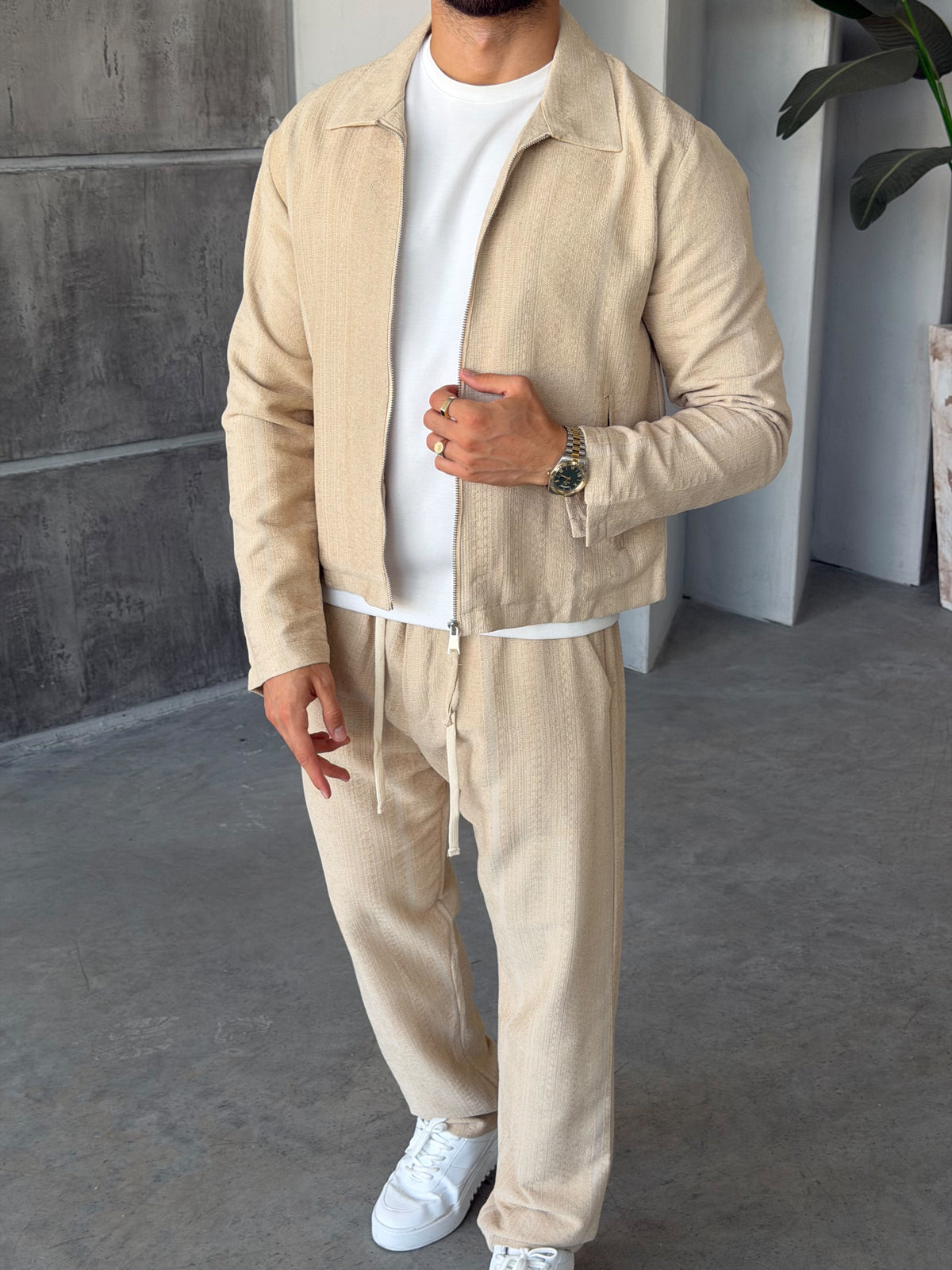 Ethnic Pattern Zip-Up Set - CREAM