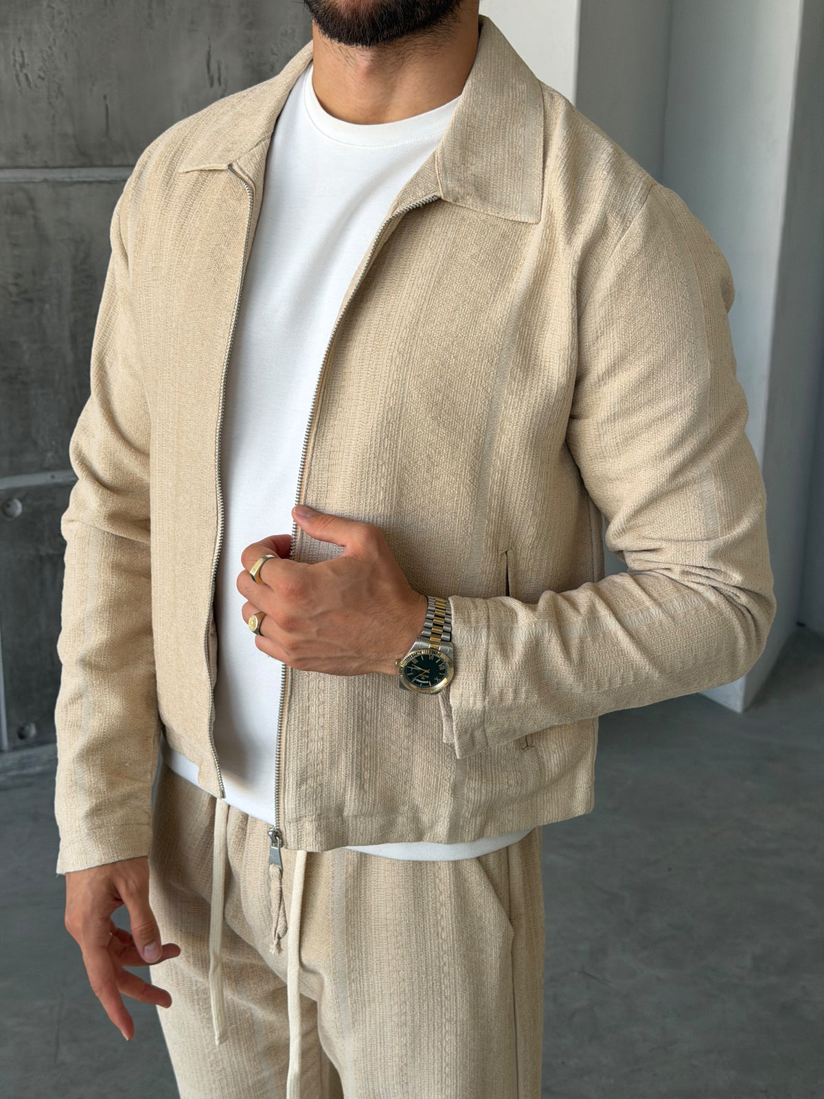 Ethnic Pattern Zip-Up Set - CREAM