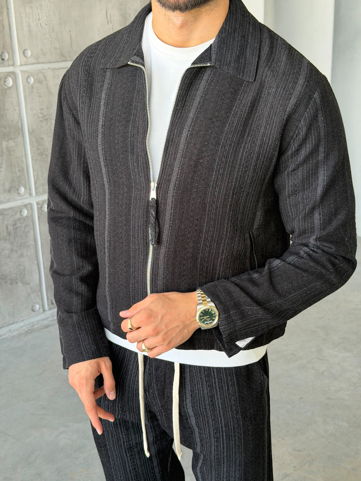 Ethnic Pattern Zip-Up Set - BLACK