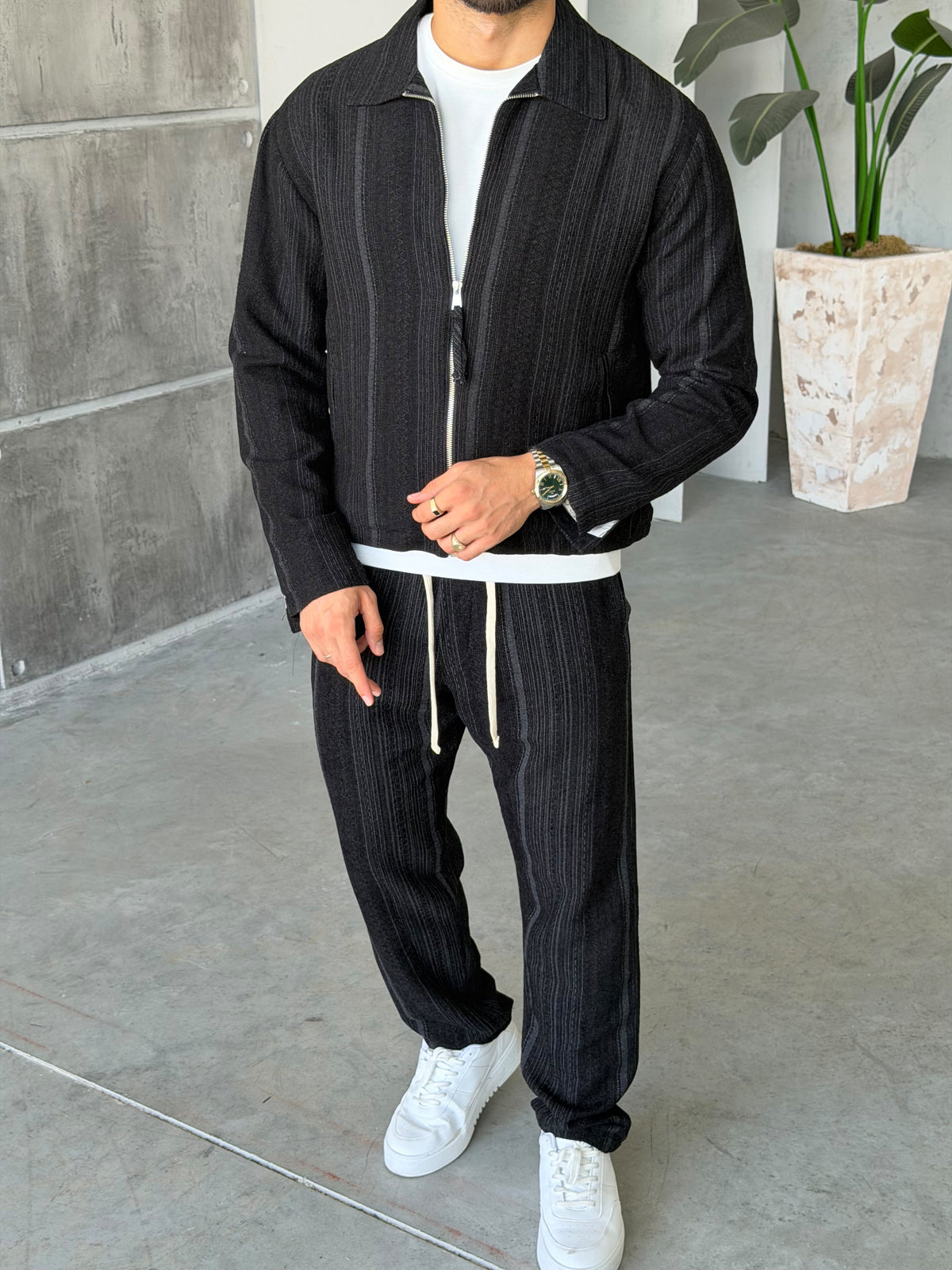 Ethnic Pattern Zip-Up Set - BLACK