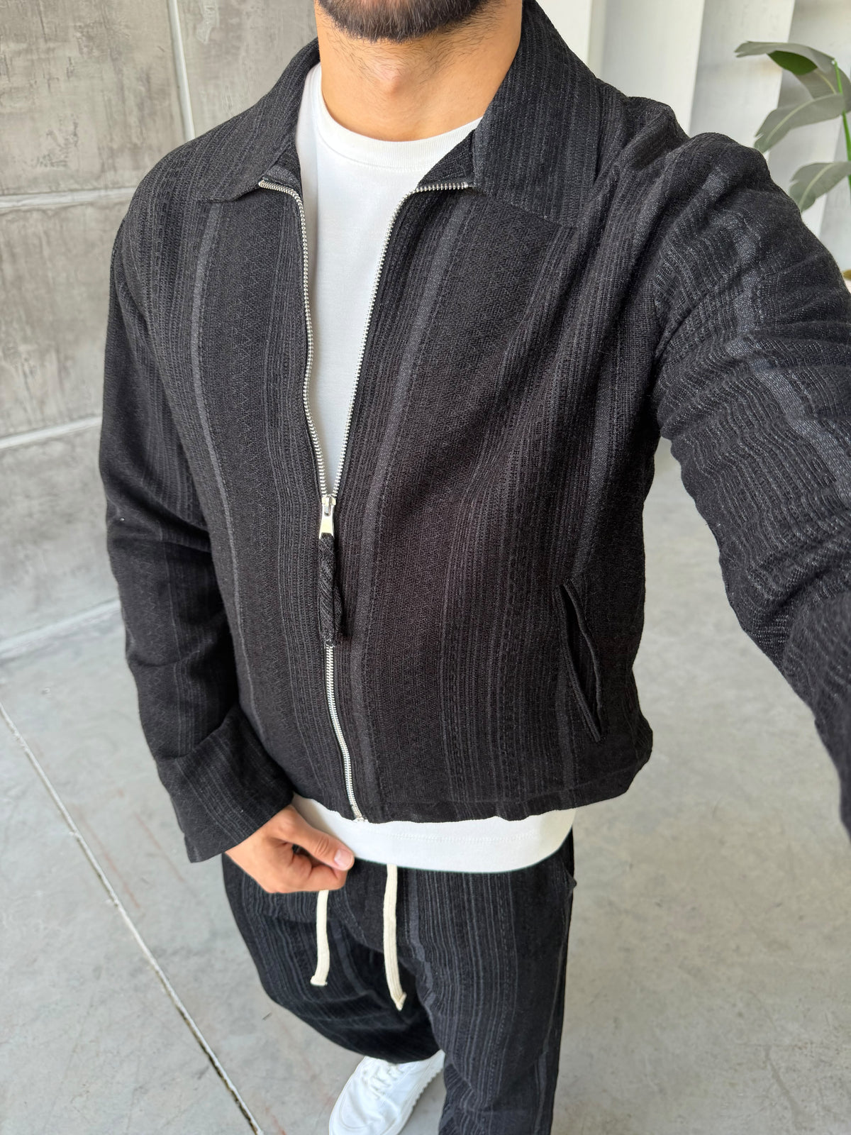 Ethnic Pattern Zip-Up Set - BLACK