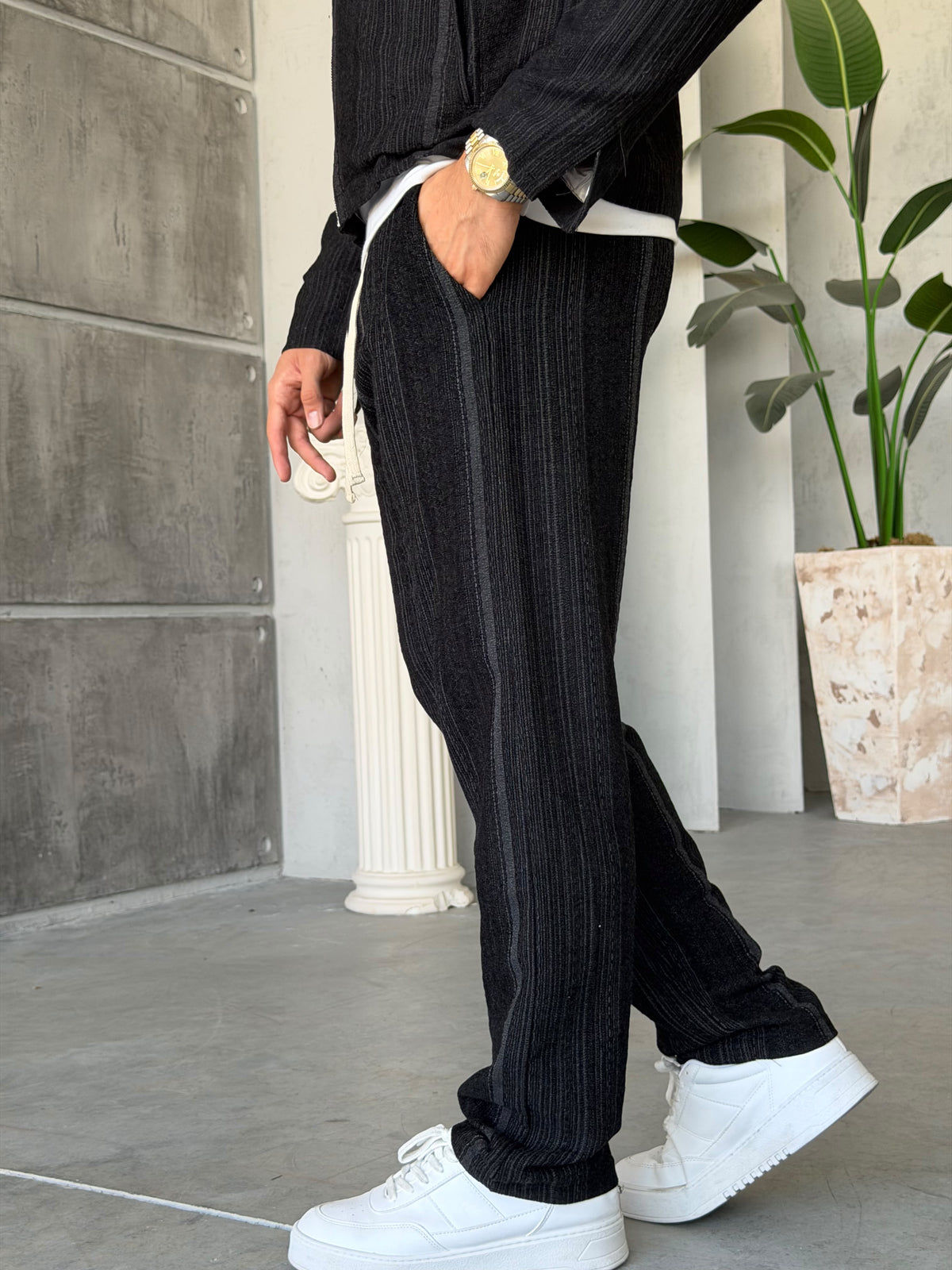 Ethnic Pattern Zip-Up Set - BLACK