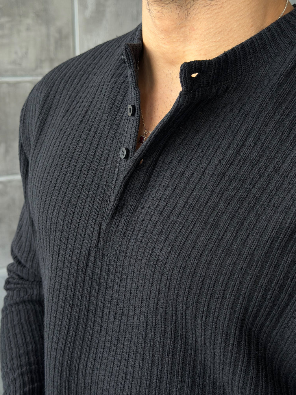 Ribbed Henley Sweatshirt – Black