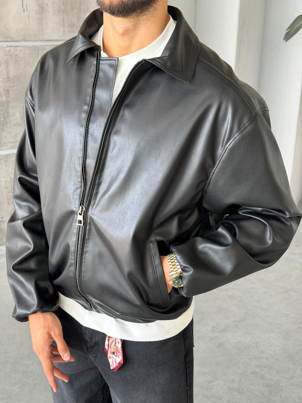 Black Leather Bomber Jacket