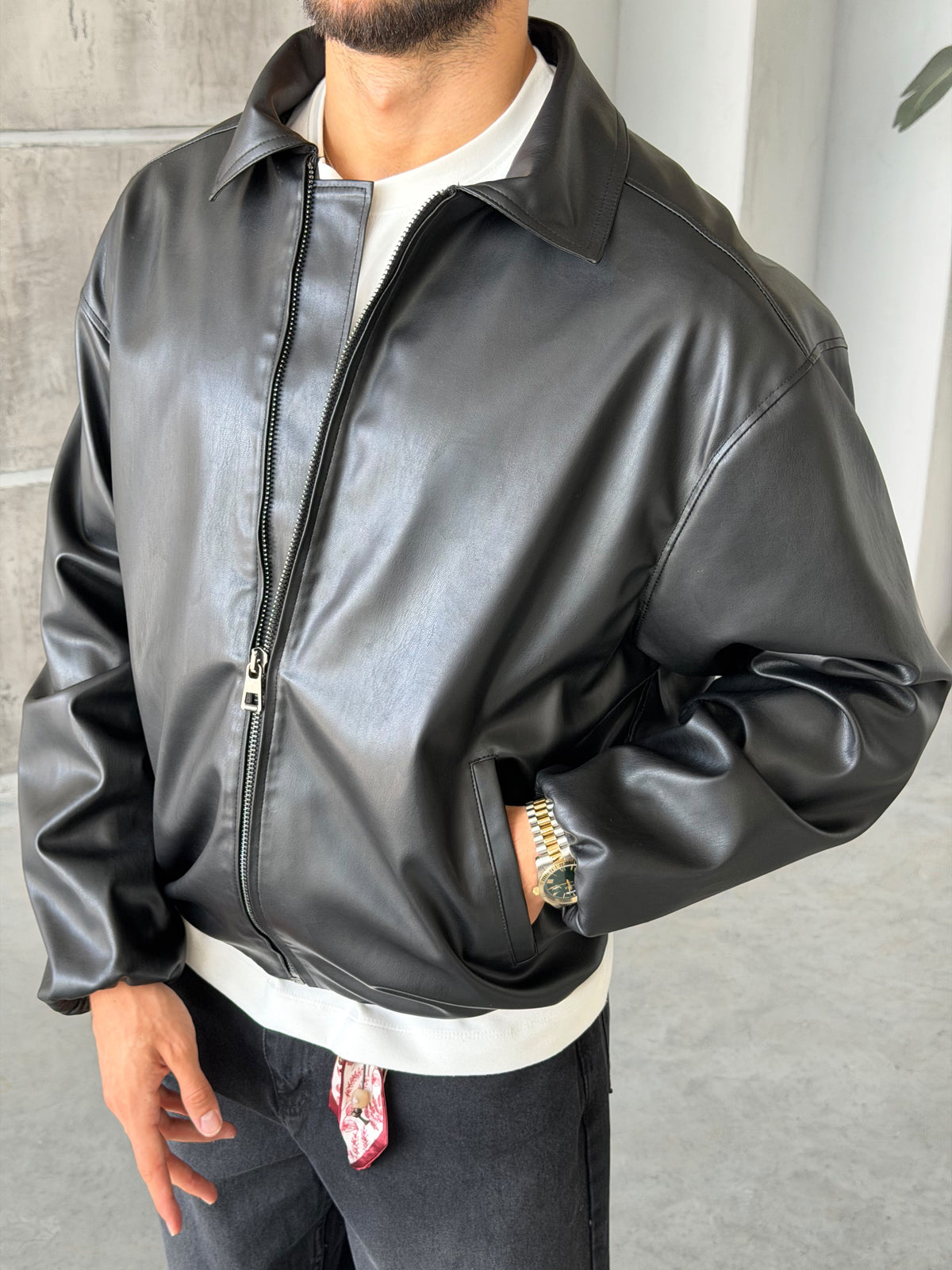 Black Leather Bomber Jacket