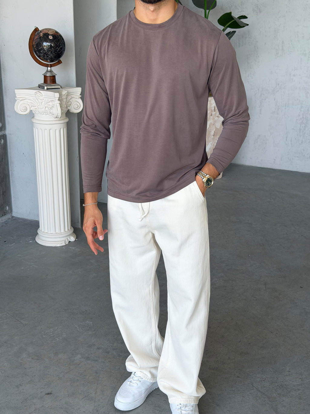 Washed Modal Basic Sweatshirt - BROWN