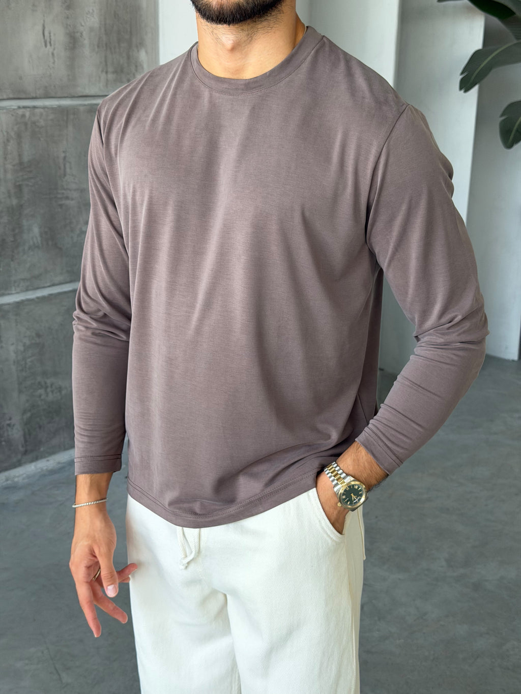 Washed Modal Basic Sweatshirt - BROWN