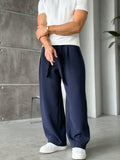 Pleated Belted Baggy Trousers - Navy Blue