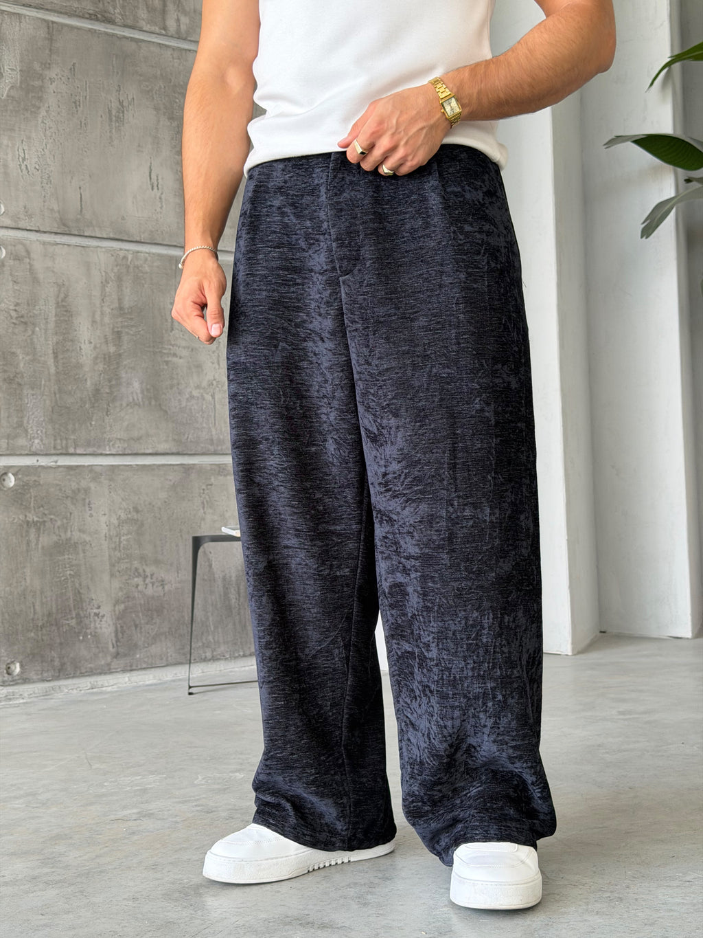 Chenille Fabric Baggy Pants – Navy