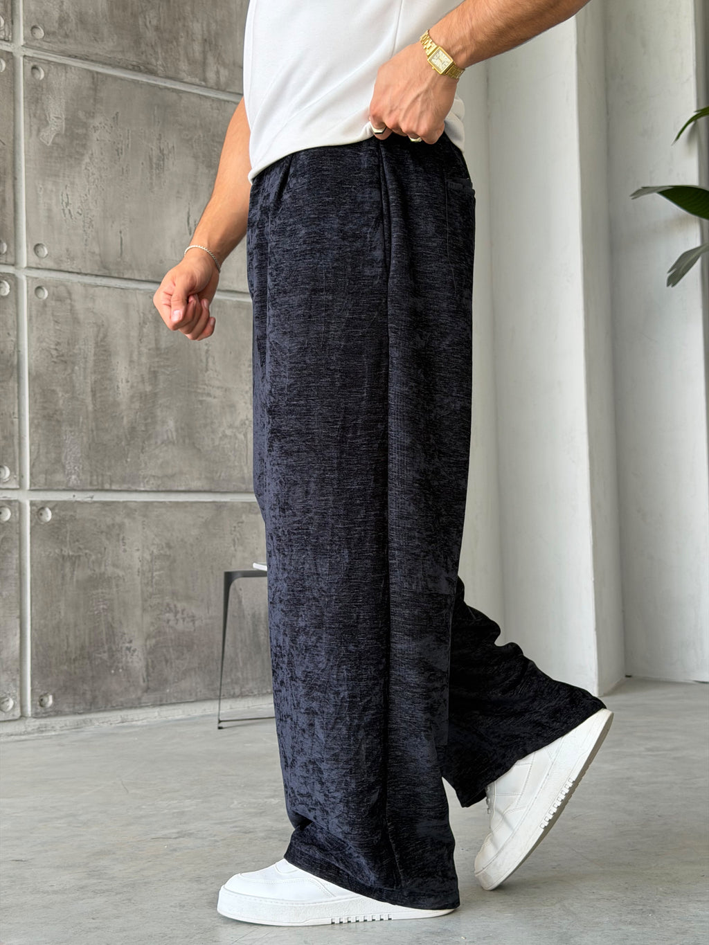 Chenille Fabric Baggy Pants – Navy