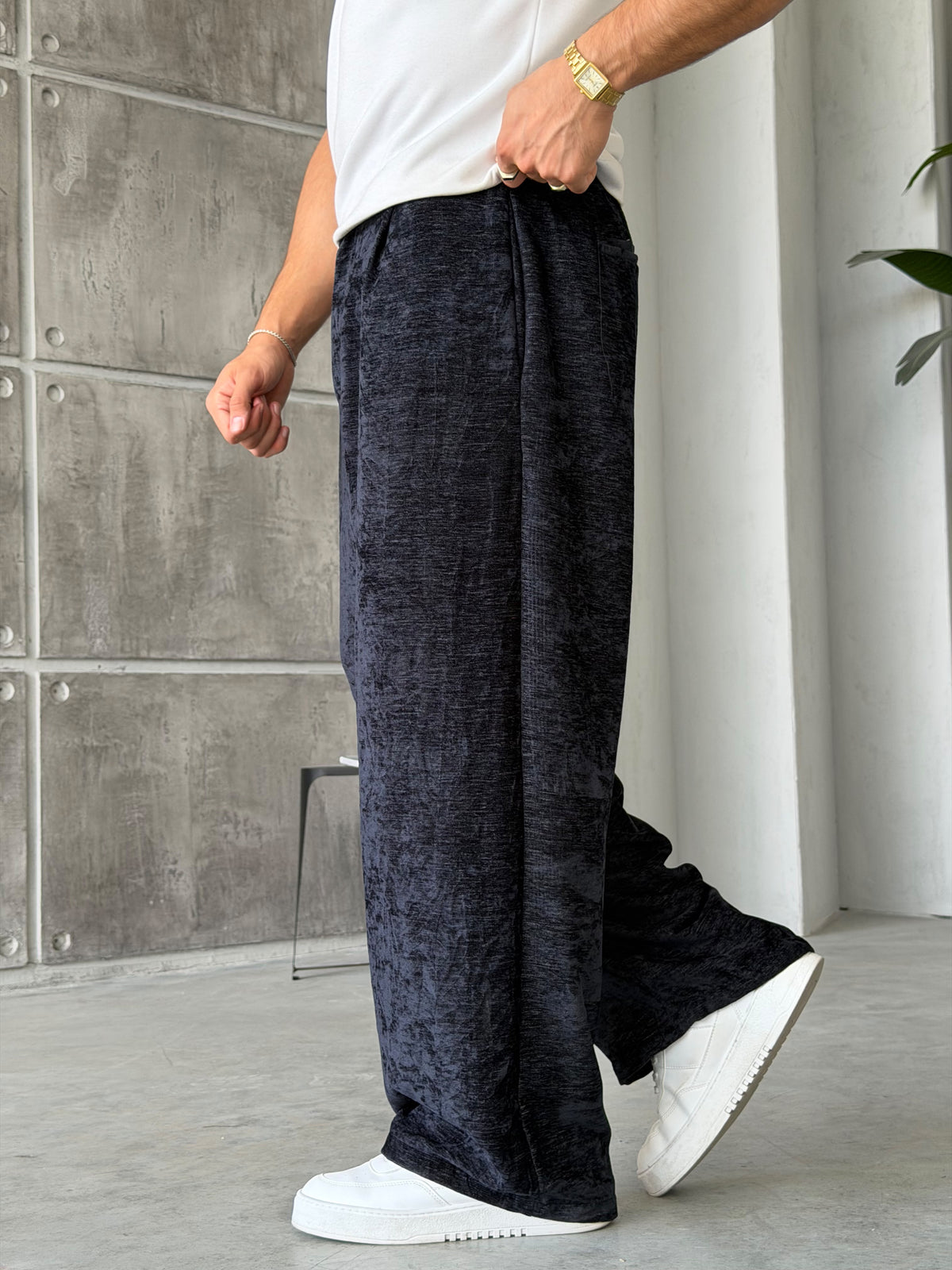 Chenille Fabric Baggy Pants – Navy