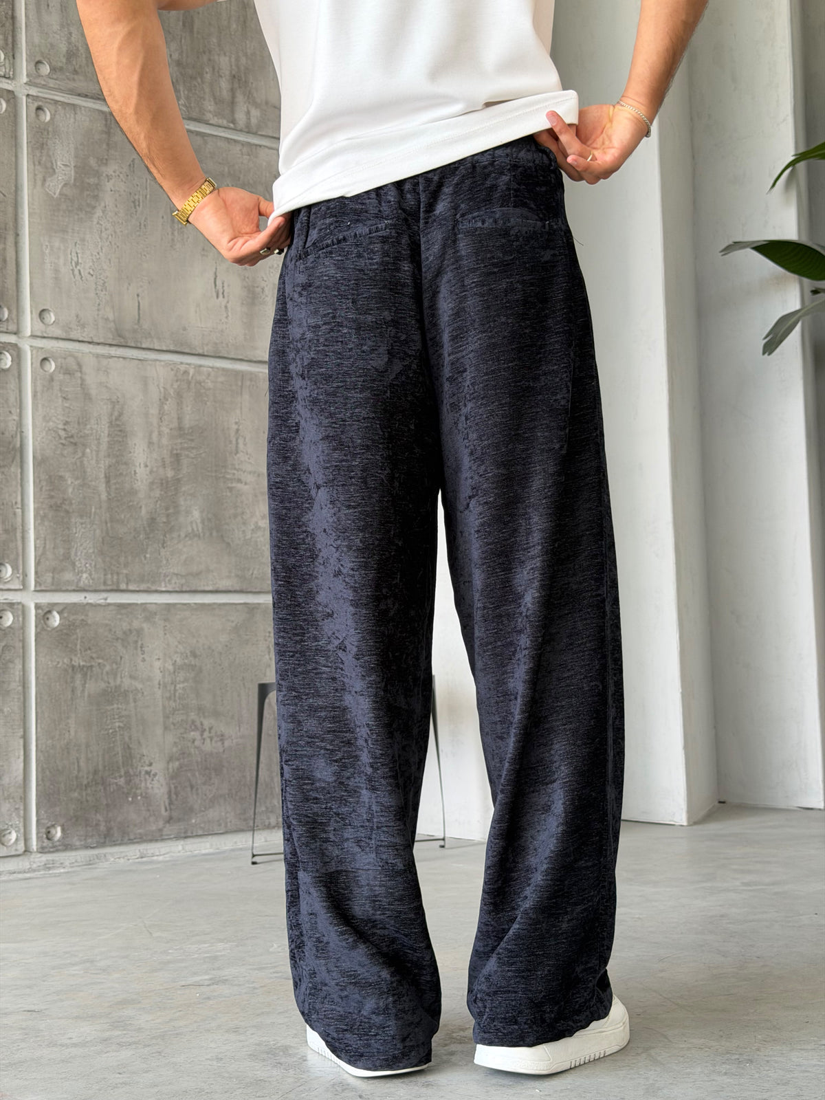 Chenille Fabric Baggy Pants – Navy