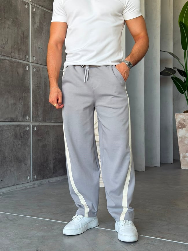 Asymmetric Striped Double Face Baggy Tracksuit – Gri