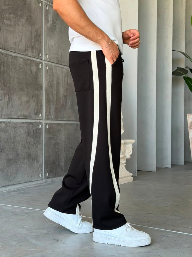 Asymmetric Striped Double Face Baggy Tracksuit – Black