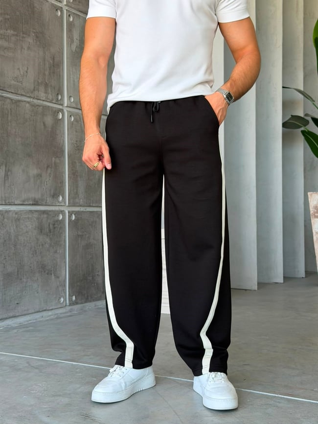 Asymmetric Striped Double Face Baggy Tracksuit – Black